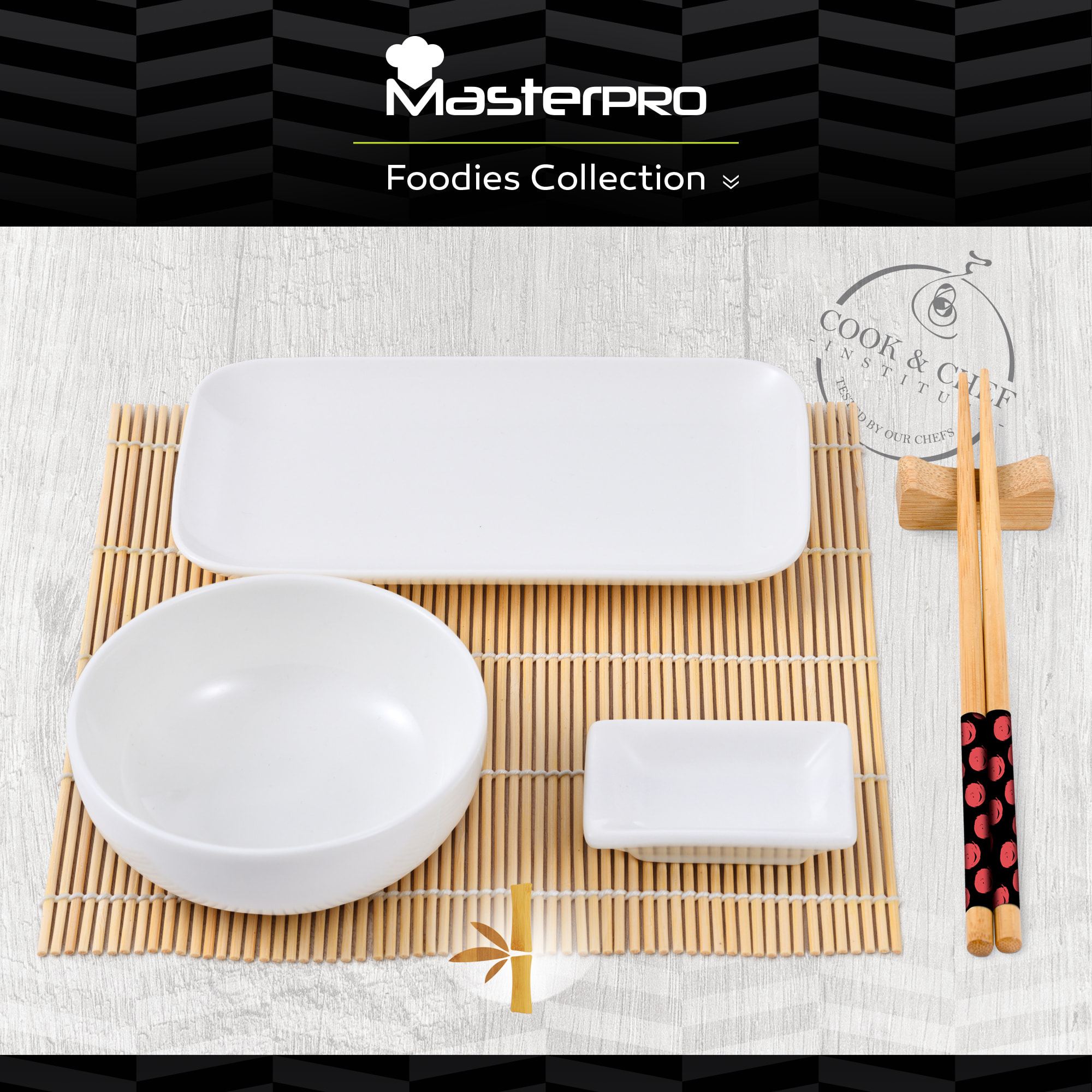 Set sushi de 12 piezas (porcelana + bambu + madera) bergner colección foodies