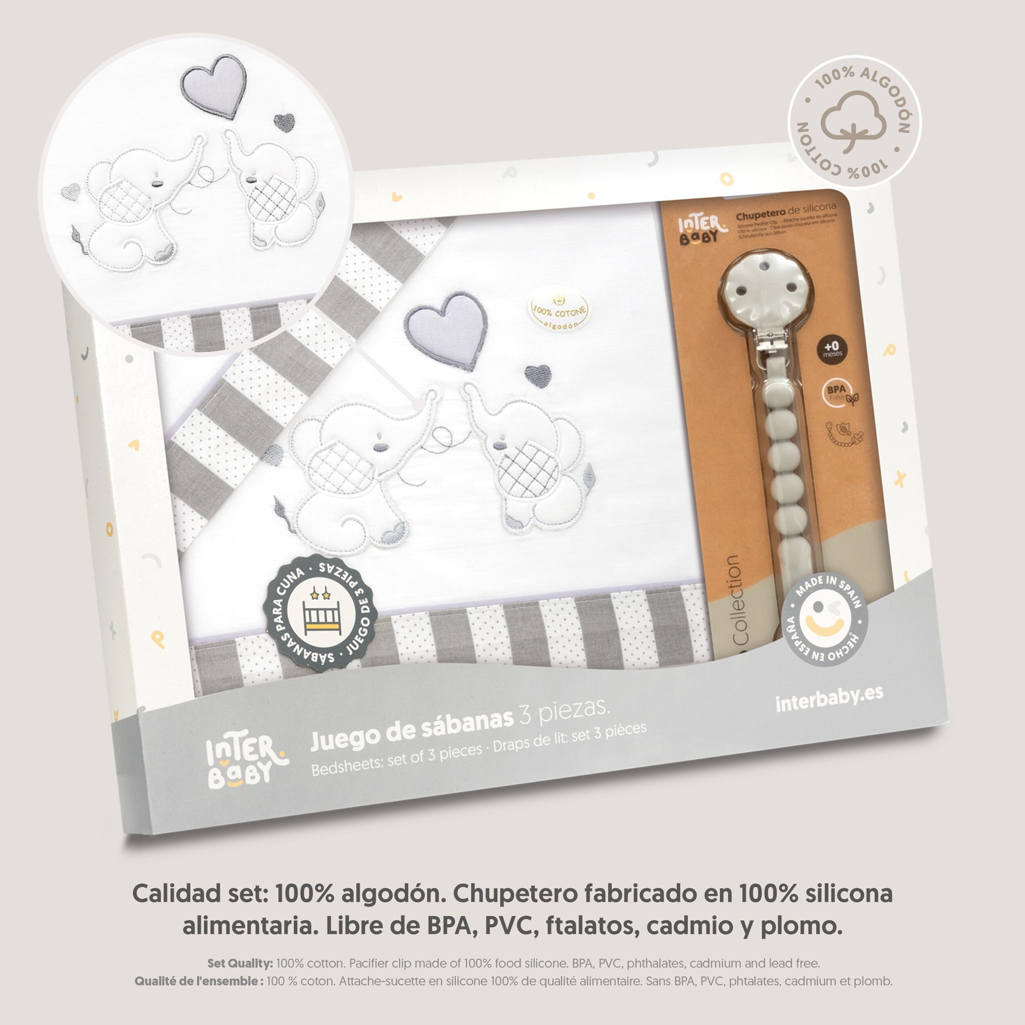 Triptico Cuna Parejita Elefante + Broche Bco/Gris