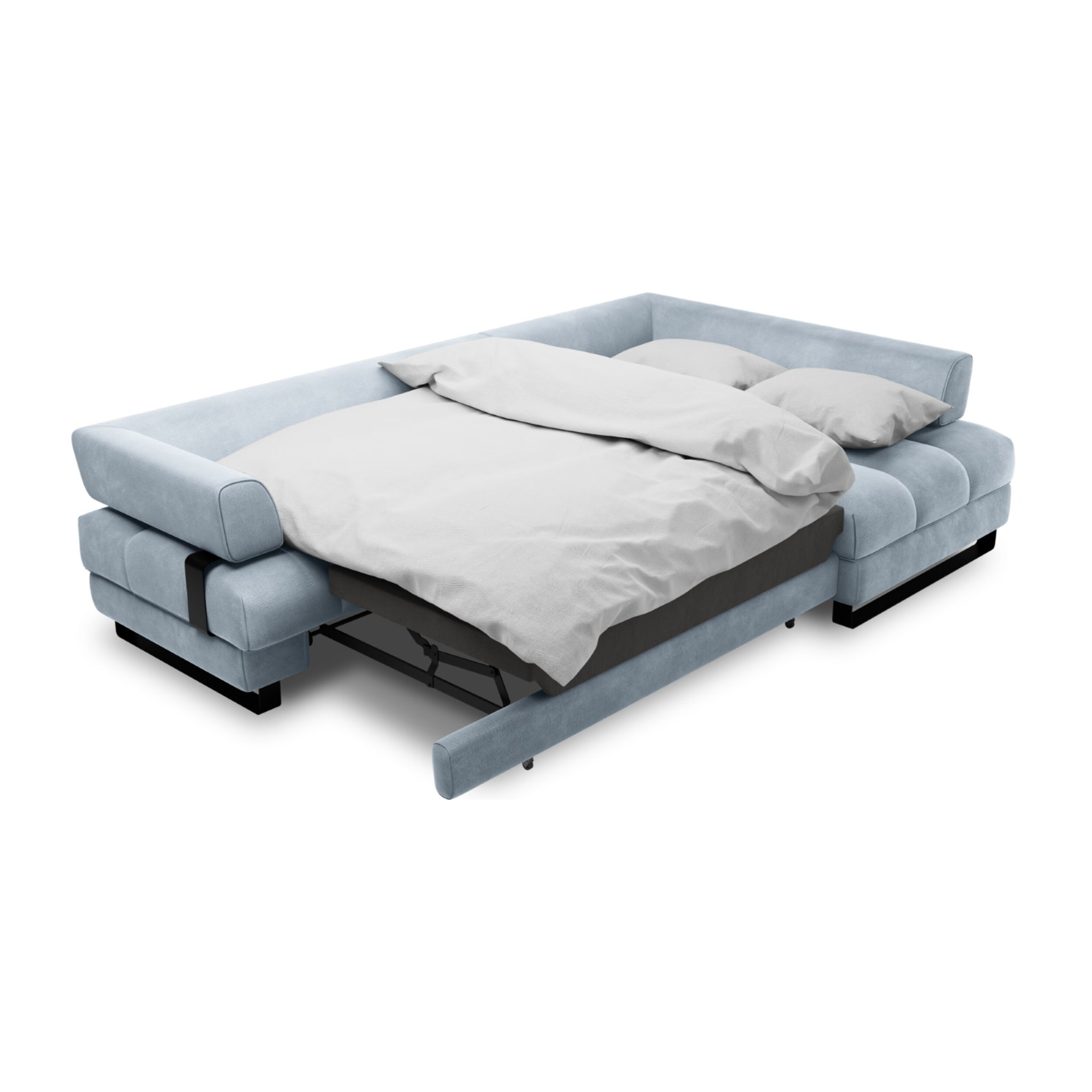 Canapé d'angle droit convertible avec coffre de rangement "Clinton" 5 places en velours bleu clair