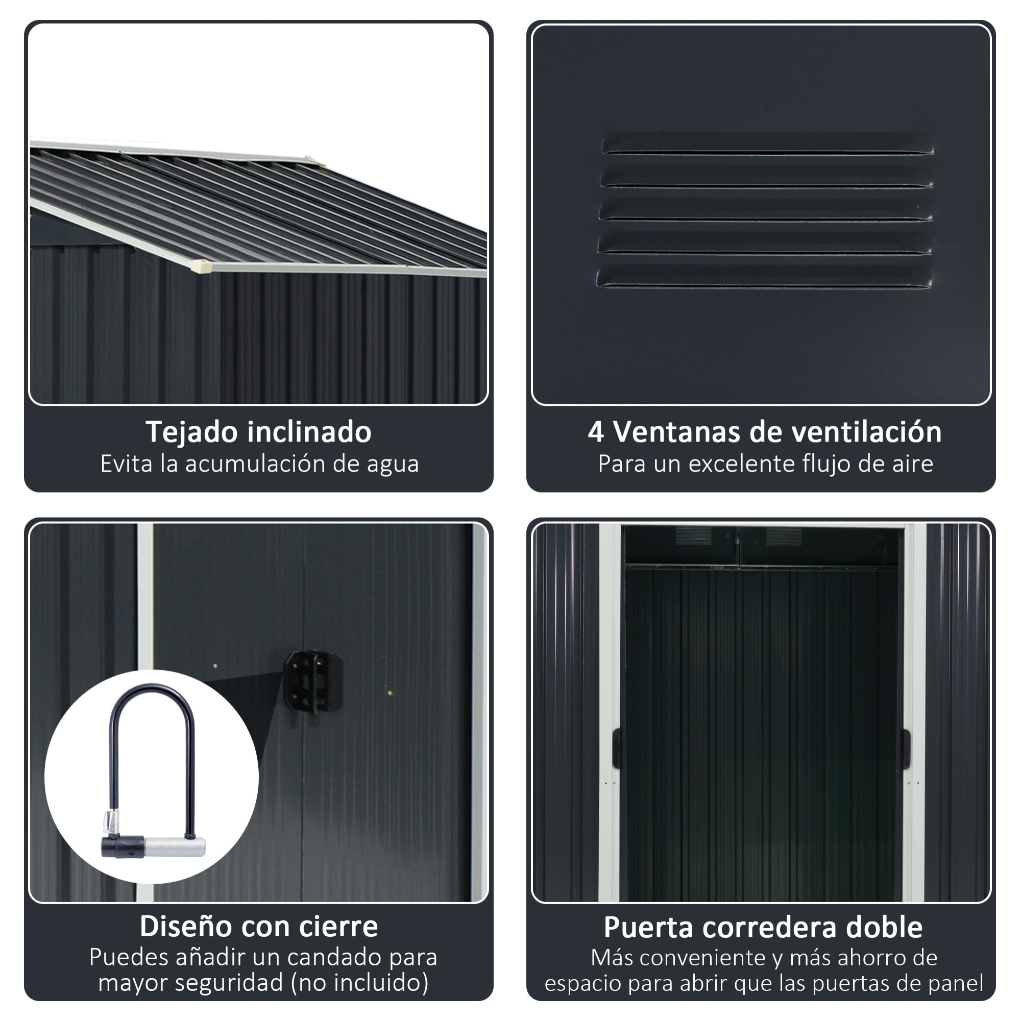 Caseta de Jardín de 4,1 m² 236x174x190 cm Cobertizo Exterior para Almacenar Herramientas con Puertas Correderas y 4 Ventanas para Terraza Patio Gris