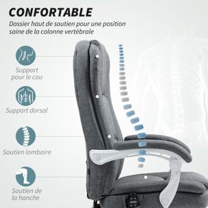 Fauteuil de bureau massant chauffant inclinable repose-pieds rétractable tissu toucher lin gris