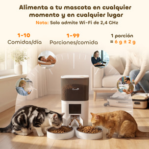 Comedero Automático 6L WiFi 2.4G, Dispensador de Comida para Gatos y Perros con Control App, 2 Cuencos, Programable 1-10 Comidas, Grabadora Voz 10s, 2 Fuentes de Alimentación, Fácil de Limpiar