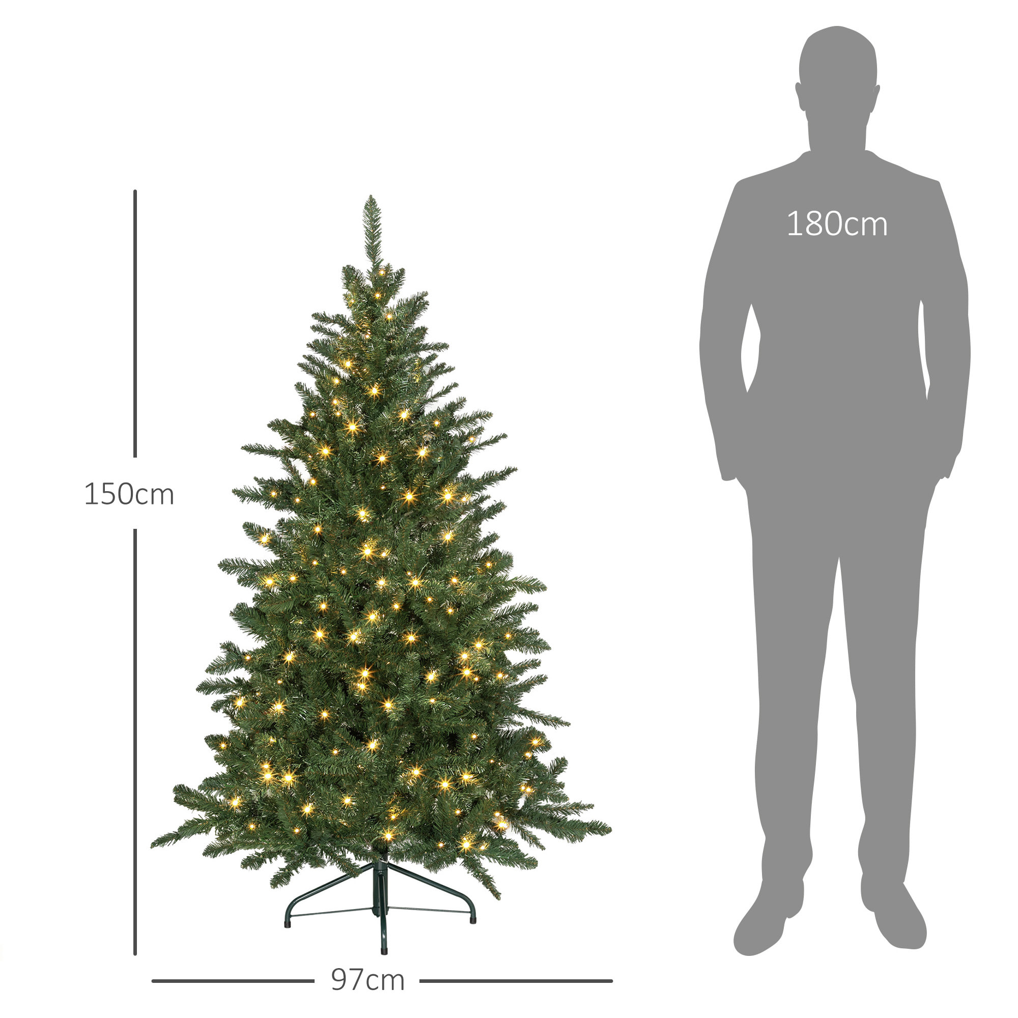 Árbol de Navidad 150 cm Árbol de Navidad Artificial con 220 Luces LED 588 Ramas y Soporte de Metal Árbol Navideño para Salón Interior Verde