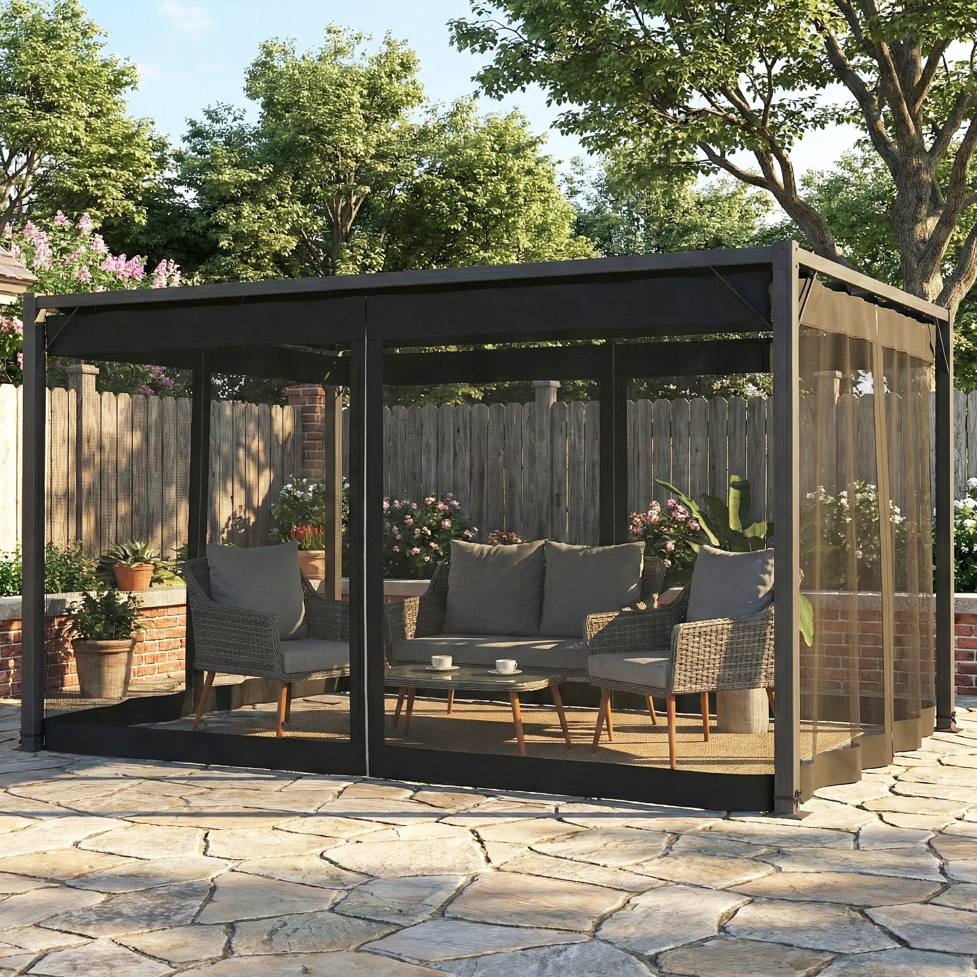 Pérgola de Jardín 3x4 m con Techo Retráctil y 4 Paredes Laterales de Malla, Cenador de Jardín con Estructura de Aluminio, UPF30+, Pabellón para Exterior, Patio, Terraza, Gris Oscuro