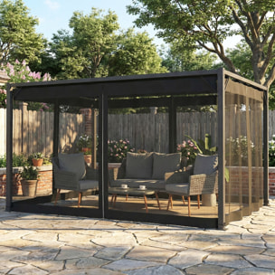 Pérgola de Jardín 3x4 m con Techo Retráctil y 4 Paredes Laterales de Malla, Cenador de Jardín con Estructura de Aluminio, UPF30+, Pabellón para Exterior, Patio, Terraza, Gris Oscuro
