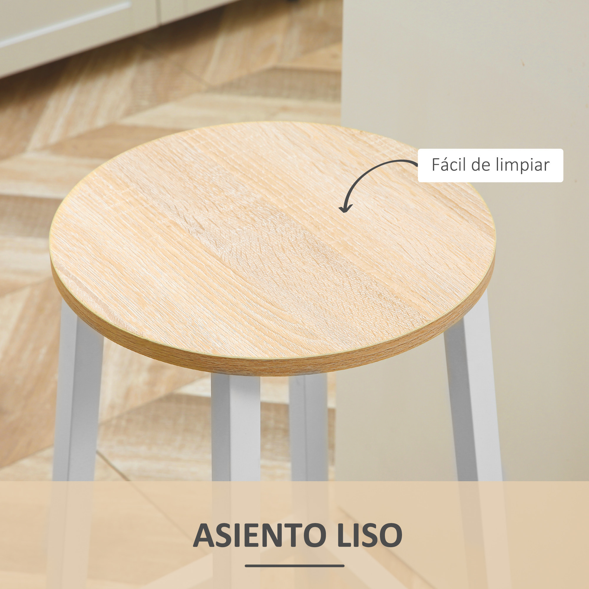 HOMCOM Juego de 2 Taburetes Altos de Cocina Taburetes de Bar con Patas de Acero y Reposapiés para Salón Comedor Bar Carga 75 kg 32,5x32,5x65 cm Natural y Blanco