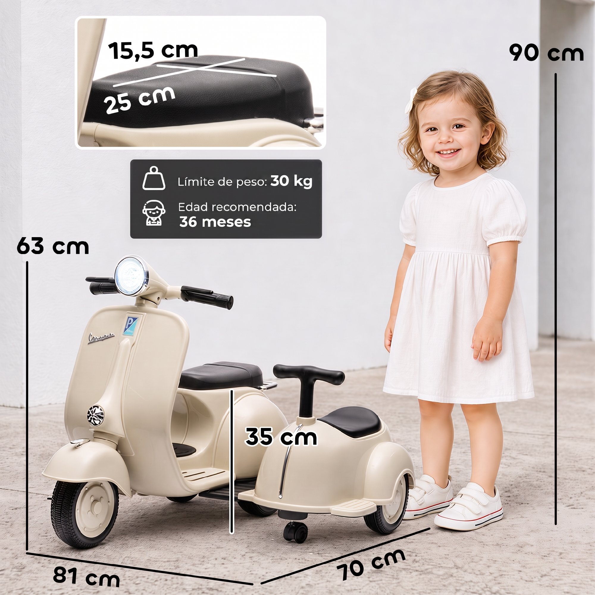 Moto Eléctrica para Niños Licencia VESPA 6V con 2 Asientos, Moto Eléctrica Infantil con Arranque Suave, Luz Delantera, Música, Bocina, USB y Almacenamiento, Regalo para Niños +3 Años, Crema