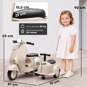 Moto Eléctrica para Niños Licencia VESPA 6V con 2 Asientos, Moto Eléctrica Infantil con Arranque Suave, Luz Delantera, Música, Bocina, USB y Almacenamiento, Regalo para Niños +3 Años, Crema