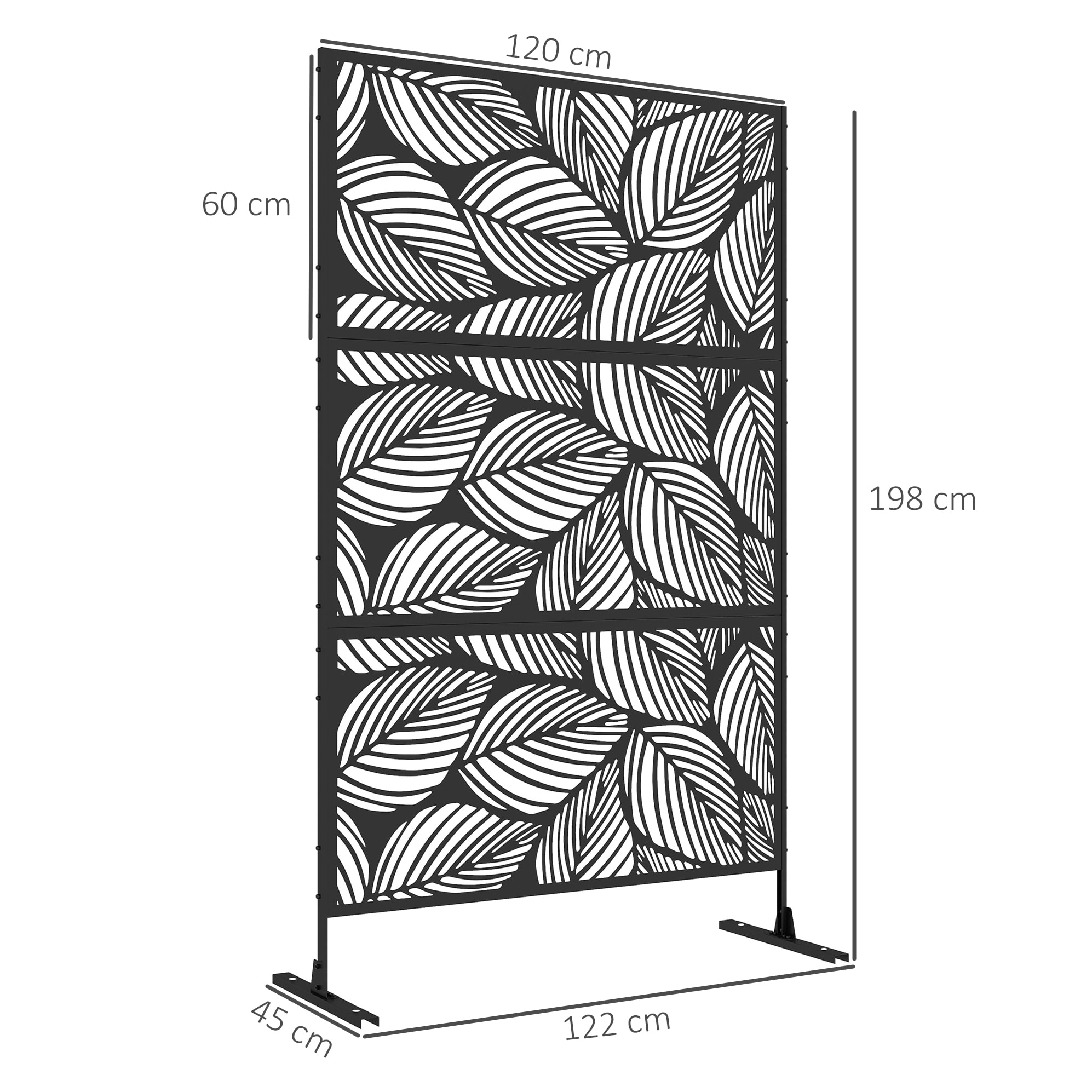 Biombo de Exterior Separador de Ambientes con 3 Piezas Patrón de Hoja Grande y Marco de Acero Pantalla de Privacidad para Patio Terraza Jardín 122x45x198 cm Negro