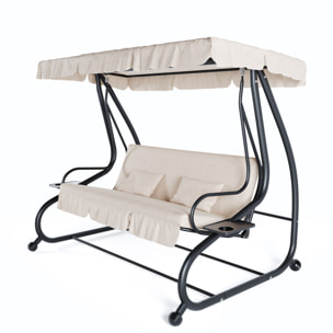 Dondolo 3 Posti Reclinabile Tettuccio Parasole Regolabile Cuscini Imbottiti Diventa Letto Struttura Robusta In Acciaio 200 x 120 x 160 cm Beige