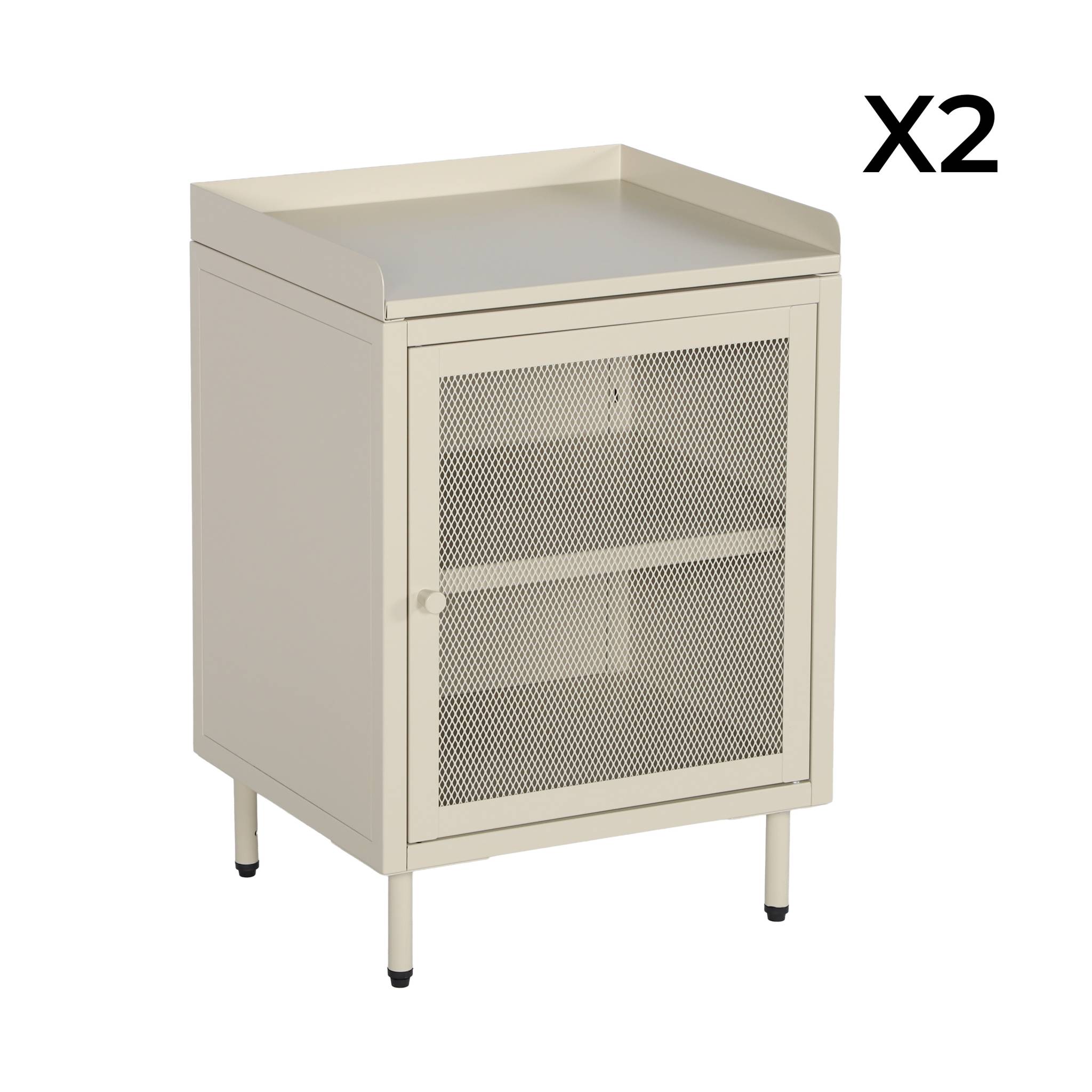 Lot de 2 tables de chevet industrielles métal crème 1 porte grillagée. 40 x 37 x 58.5 cm - Ohio