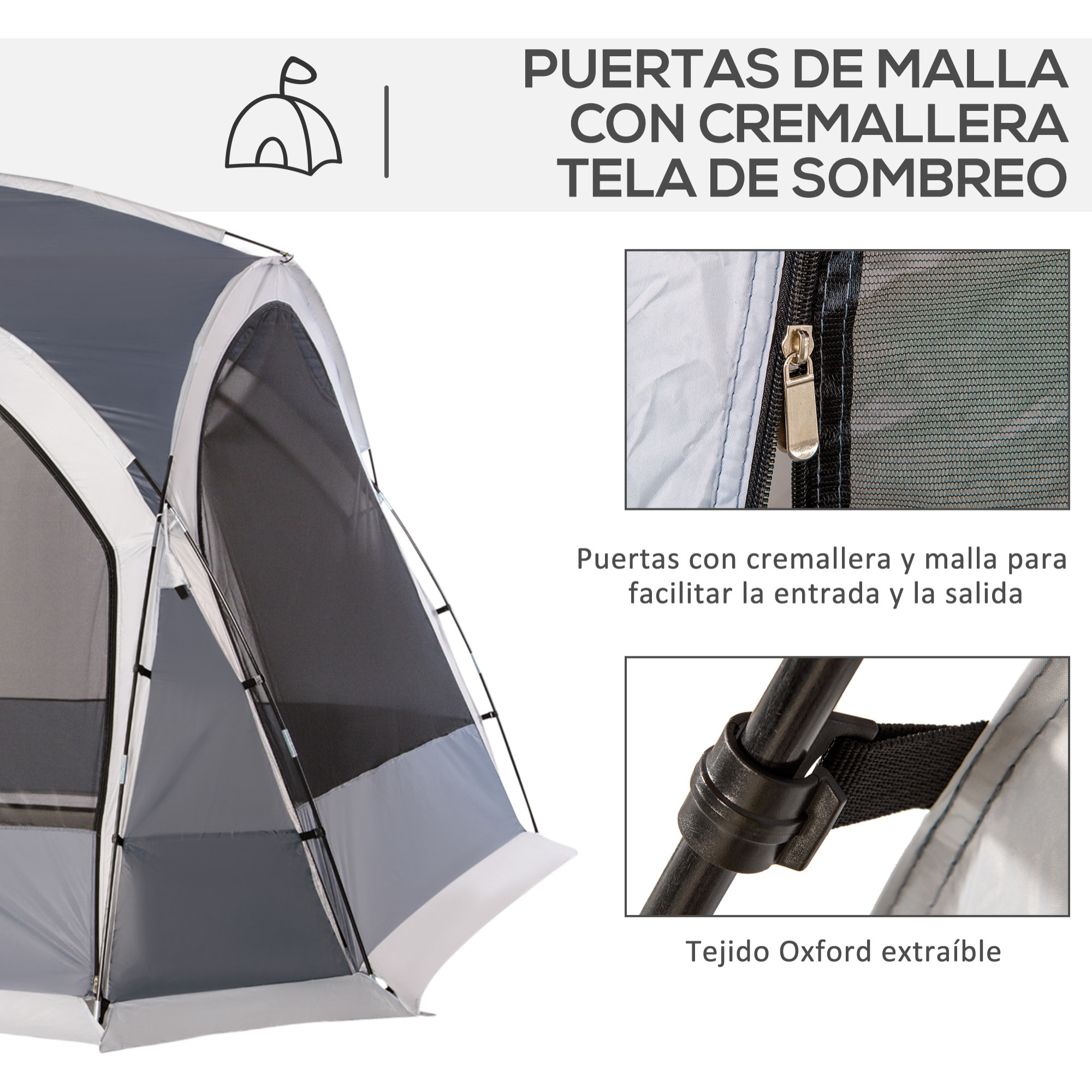 Carpa Portátil para 6-8 Personas Carpa de Camping con 4 Mosquiteros Gancho y Bolsa de Transporte Anti-UV para Pescar Senderismo 350x350x230 cm Gris y Blanco