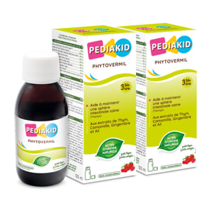 PEDIAKID - Phytovermil - Complément Alimentaire Naturel -Contribue au Maintien d'une Sphère Intestinale Saine - Bouchon Doseur Inclus - Arôme Fruits Rouges - Lot de 2 Flacons de 125 ml