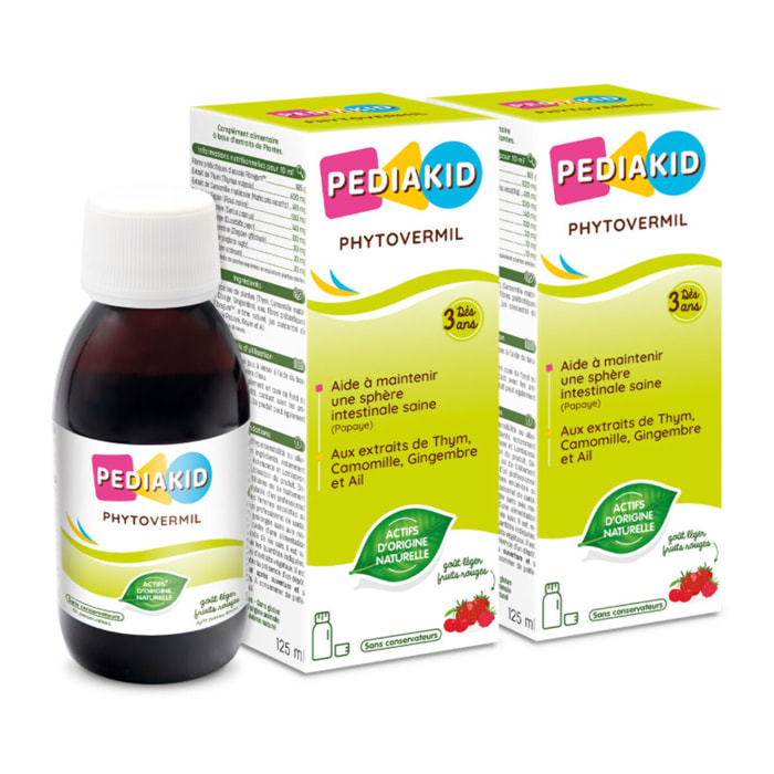 PEDIAKID - Phytovermil - Complément Alimentaire Naturel -Contribue au Maintien d'une Sphère Intestinale Saine - Bouchon Doseur Inclus - Arôme Fruits Rouges - Lot de 2 Flacons de 125 ml