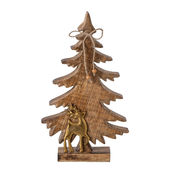 J-Line sapin avec renne - bois de manguier - naturel/doré - small