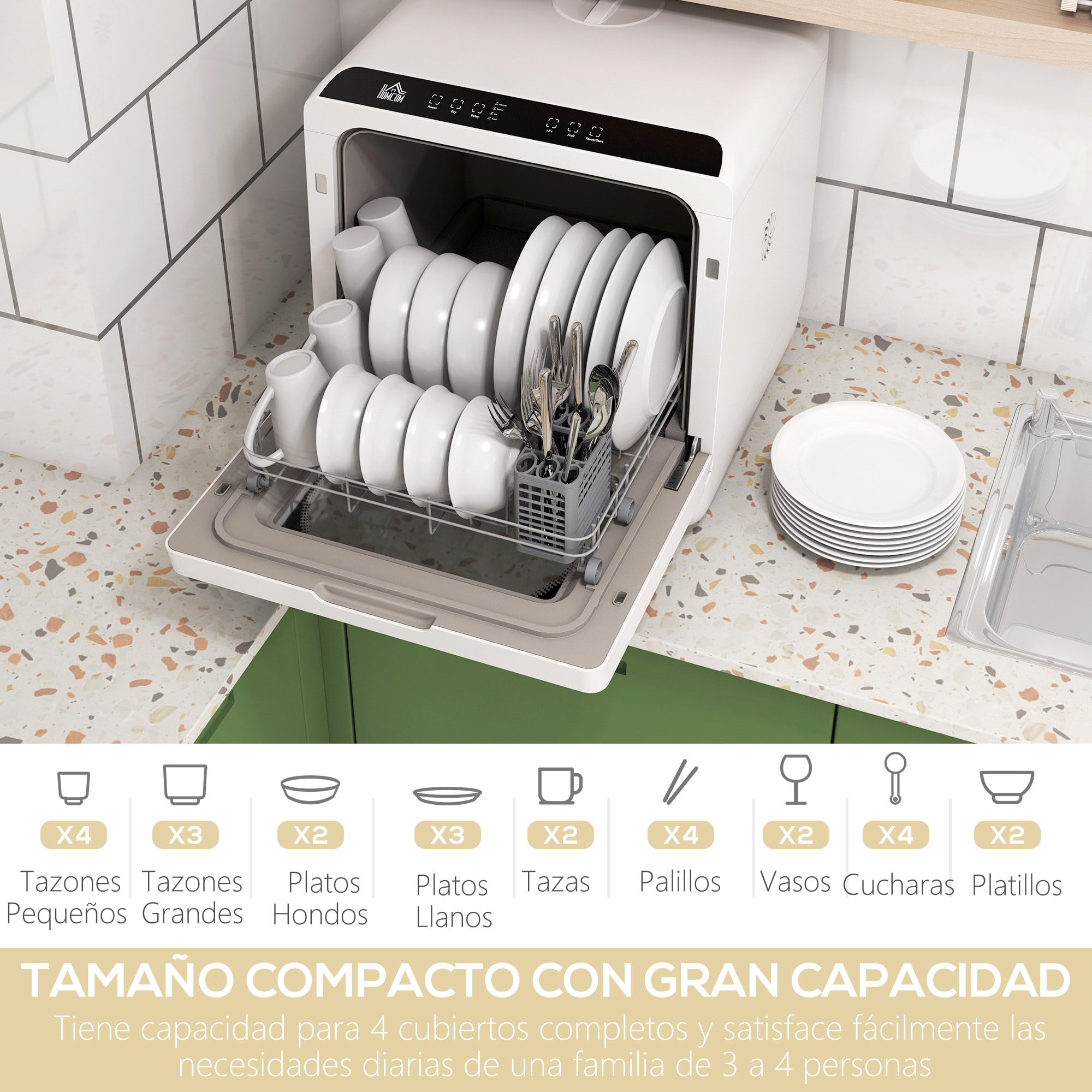 Lavavajillas de Encimera Lavavajillas Pequeño con 5+1 Programas Depósito de Agua de 6L Dos Modos de Suministro de Agua ECO Pantalla LED para Cocina Apartamentos