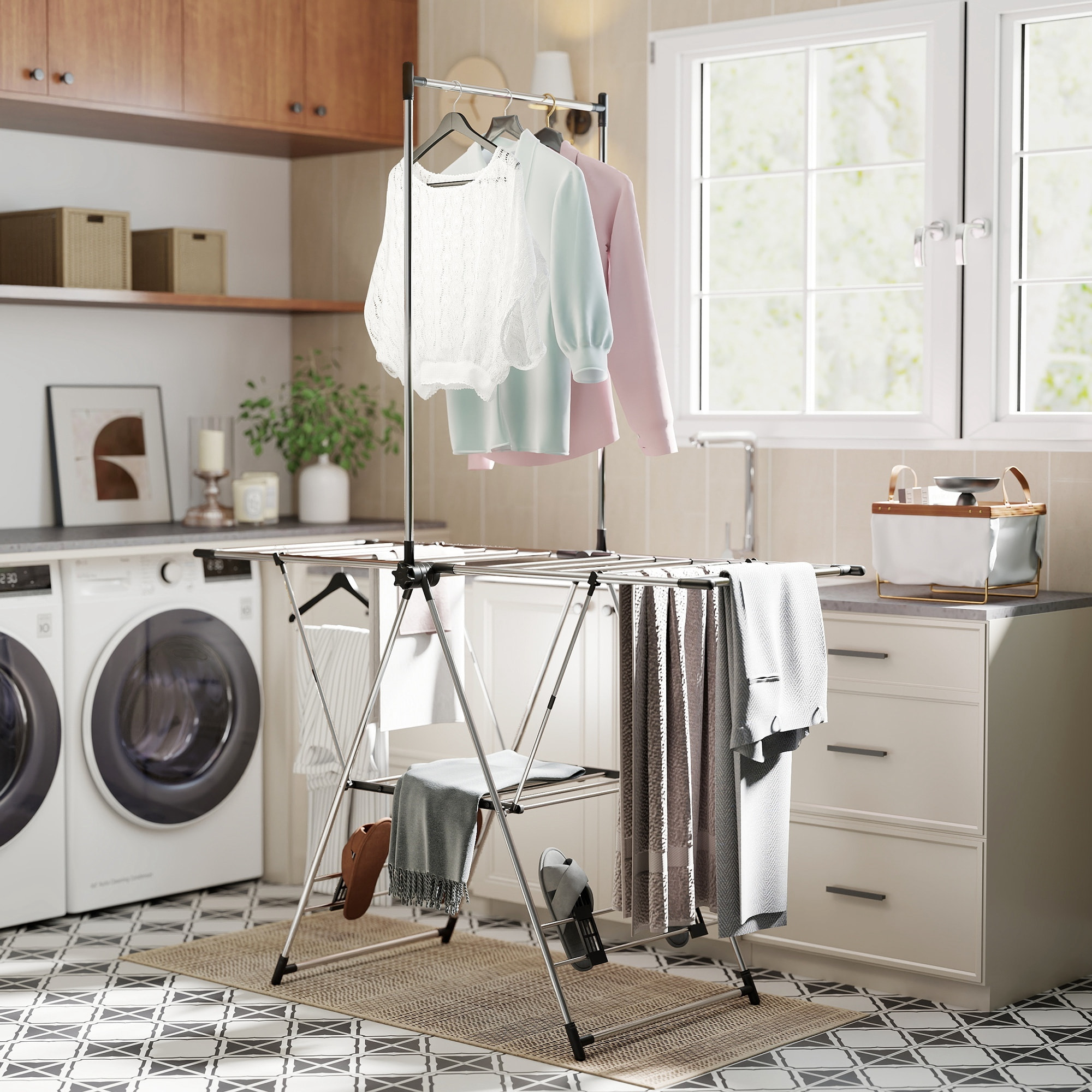 Tendedero Vertical Plegable, Tendedero de Ropa con Alas Ajustables en 5 Niveles, 4 Soportes para Calzado, Barra y Estante, Marco de Acero Inoxidable, para Interior y Exterior, Plata