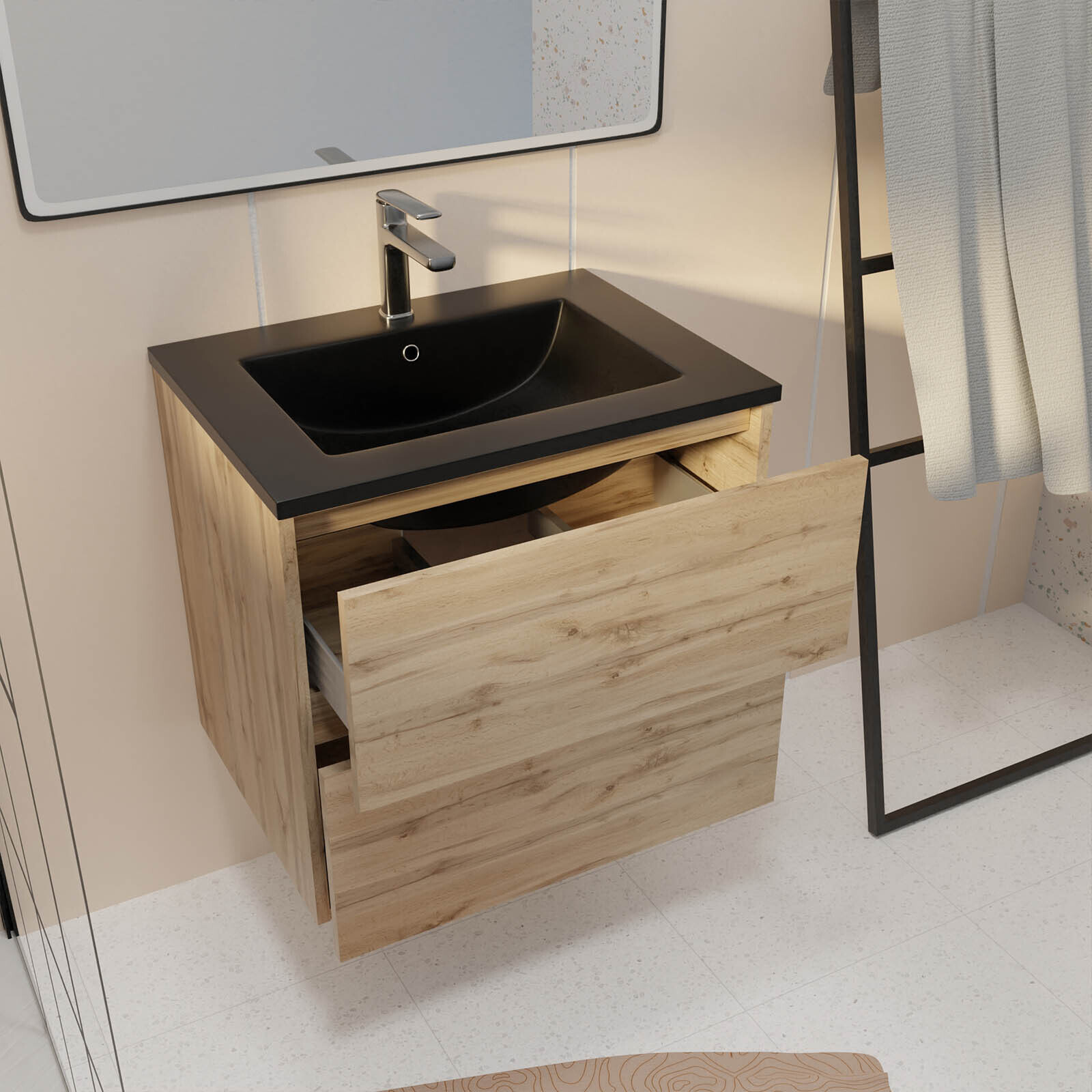 Meuble de salle de bains 60 cm 2 Tiroirs Chêne Naturel + Vasque Céramique Noire - TIMBER