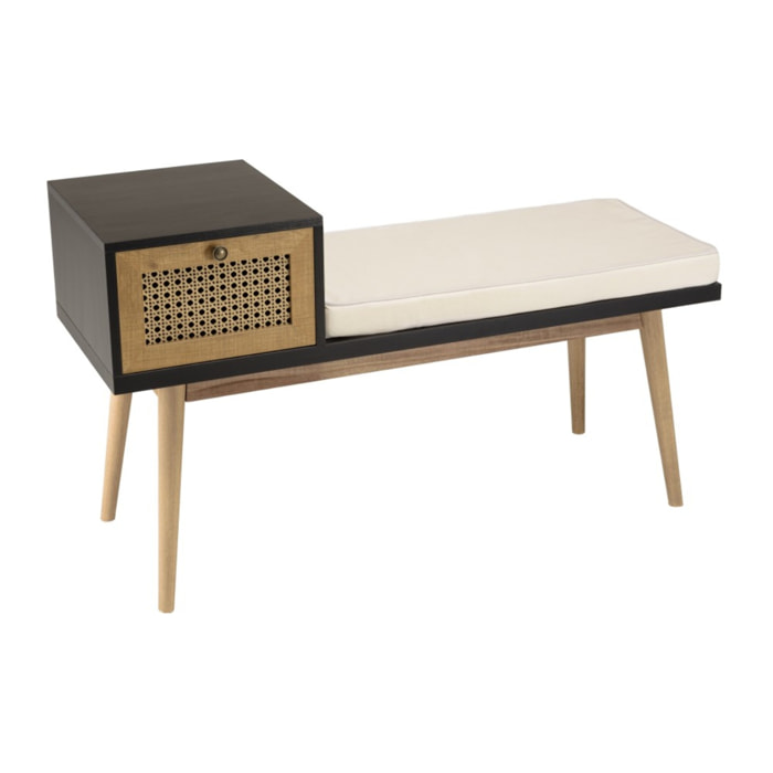 CHARLIE - Banc assise noire 1 tiroir effet cannage marron