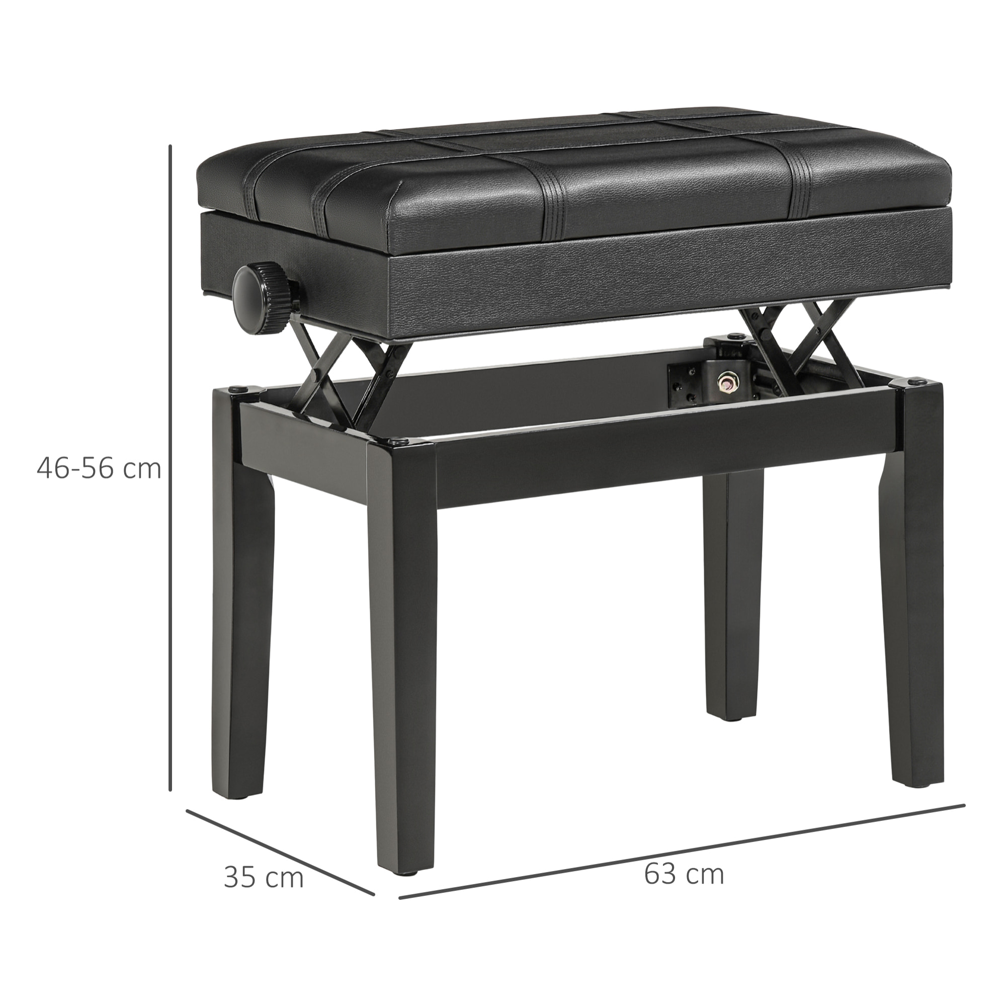 Banquette tabouret siège pour piano coffre intégré hauteur réglable bois hévéa assise revêtement synthétique noir