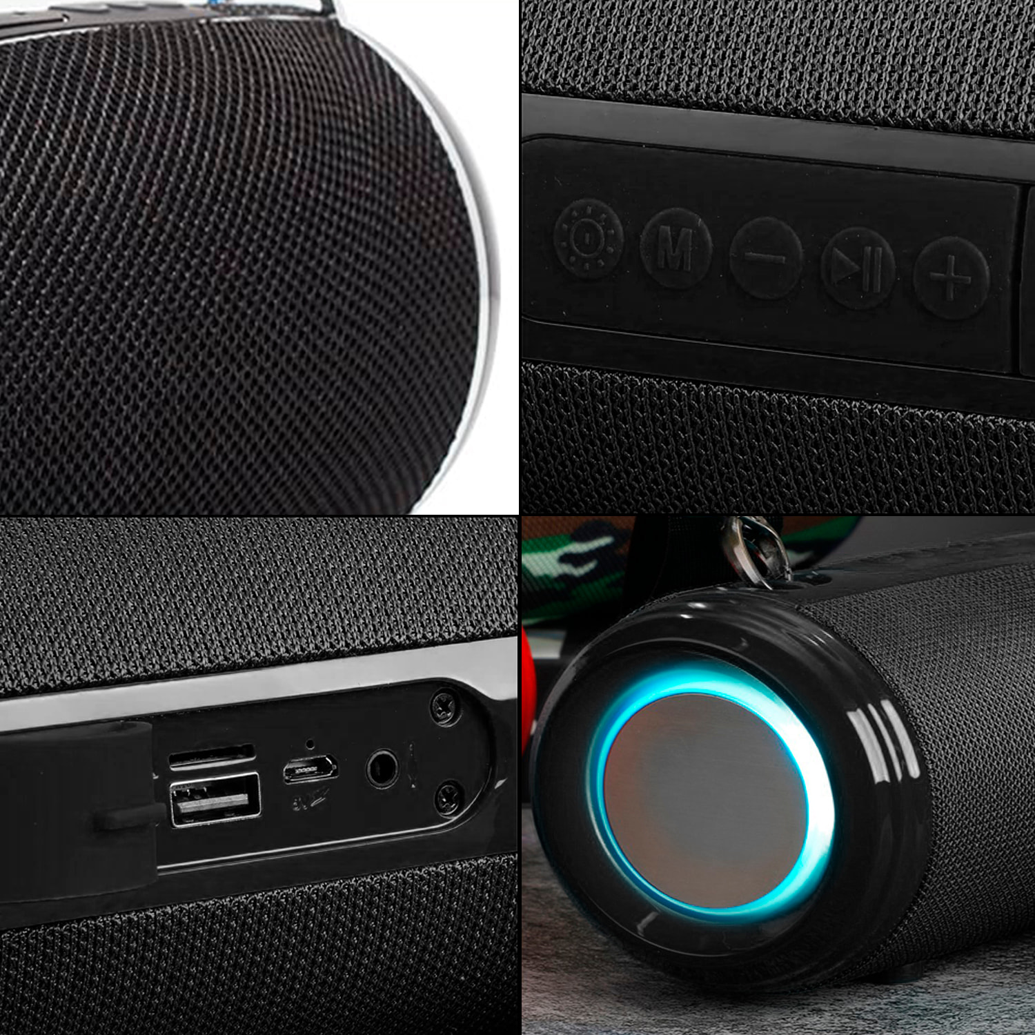 Altavoz portátil Bluetooth 5.3 con sonido potente, radio FM, diferentes conexiones, luces RGB y batería de 1200mAh.