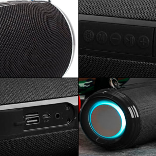 Altavoz portátil Bluetooth 5.3 con sonido potente, radio FM, diferentes conexiones, luces RGB y batería de 1200mAh.