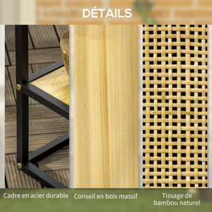 Jardinière sur pied style naturel - géotextile inclus, étagère intégrée - métal noir bois sapin verni bambou tressé