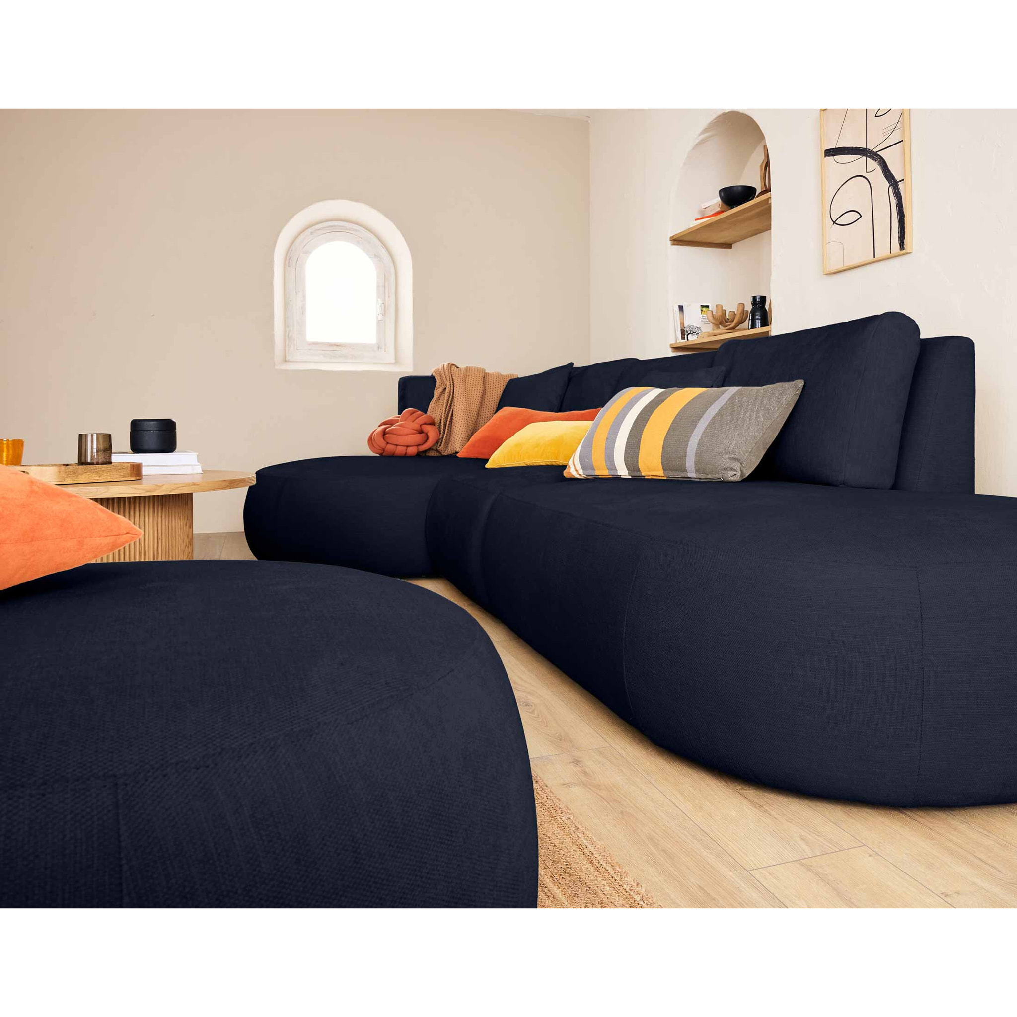 Santorini - module d'assise droit - en tissu texturé - Bleu marine
