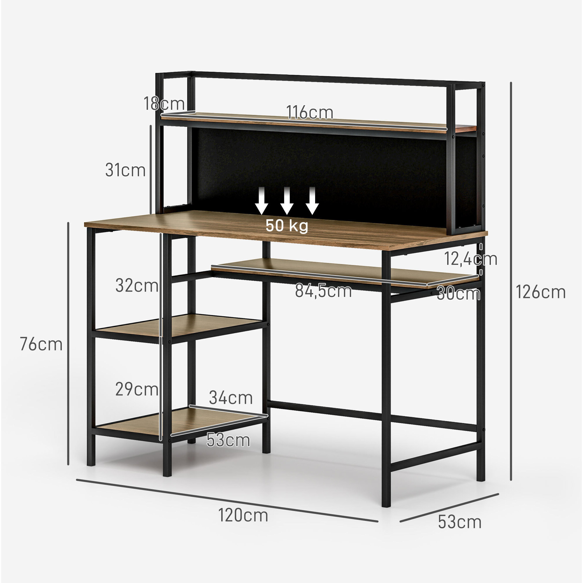 Bureau informatique design industriel 4 étagères grand plateau et panneau noir métal aspect bois