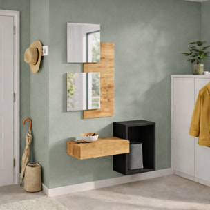 Set Mobile Ingresso Moderno Con Specchi Pensile A Giorno Mensola Con Cassetto Salvaspazio Mobile Da Parete 100 x 170 x 30 Cm Nero E Rovere