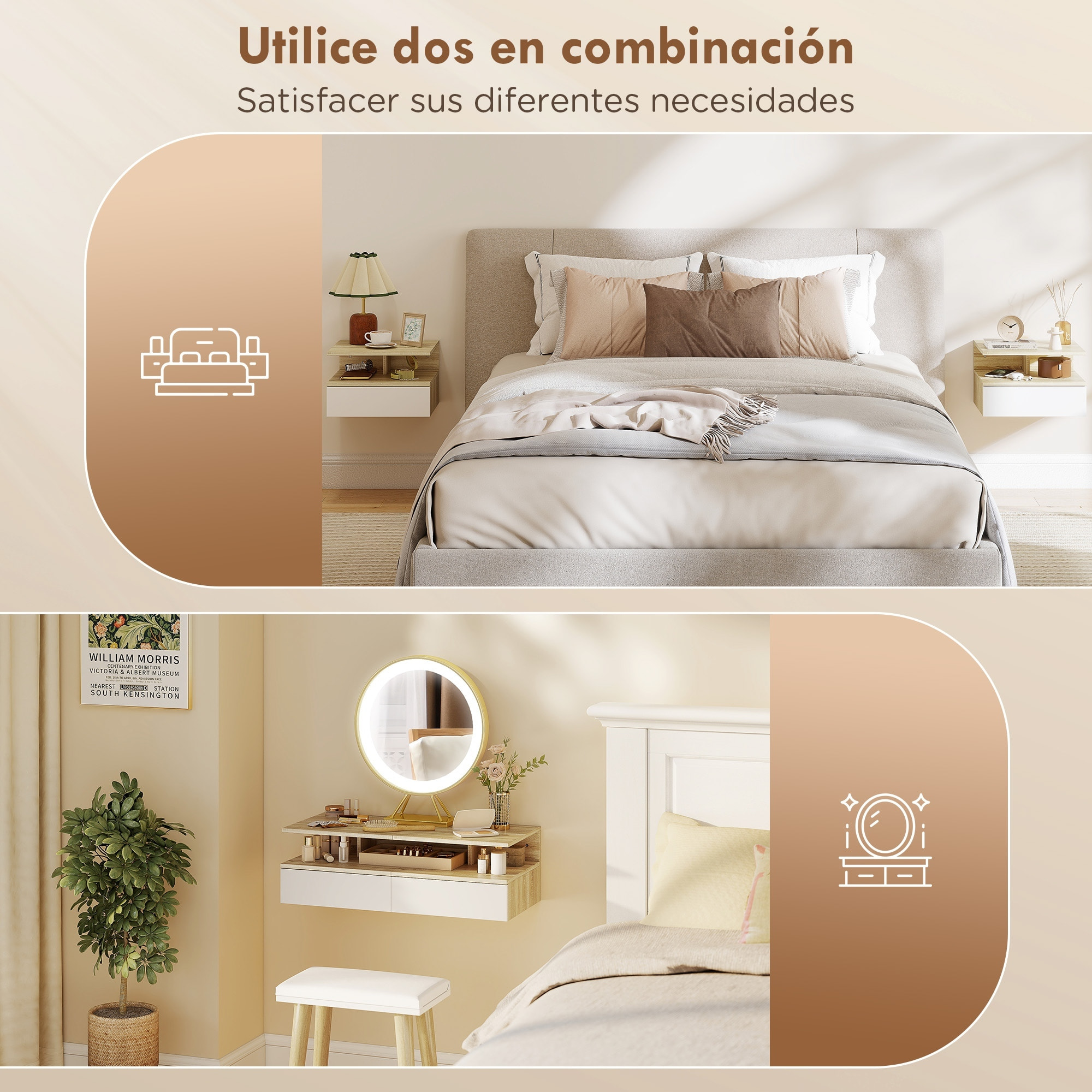 Juego de 2 Mesitas de Noche Flotantes con Cajón, Mesillas de Noche Dormitorio, Montado en la Pared, Estilo Moderno, para Sala de Estar, 35x32x22,5 cm, Roble y Blanco