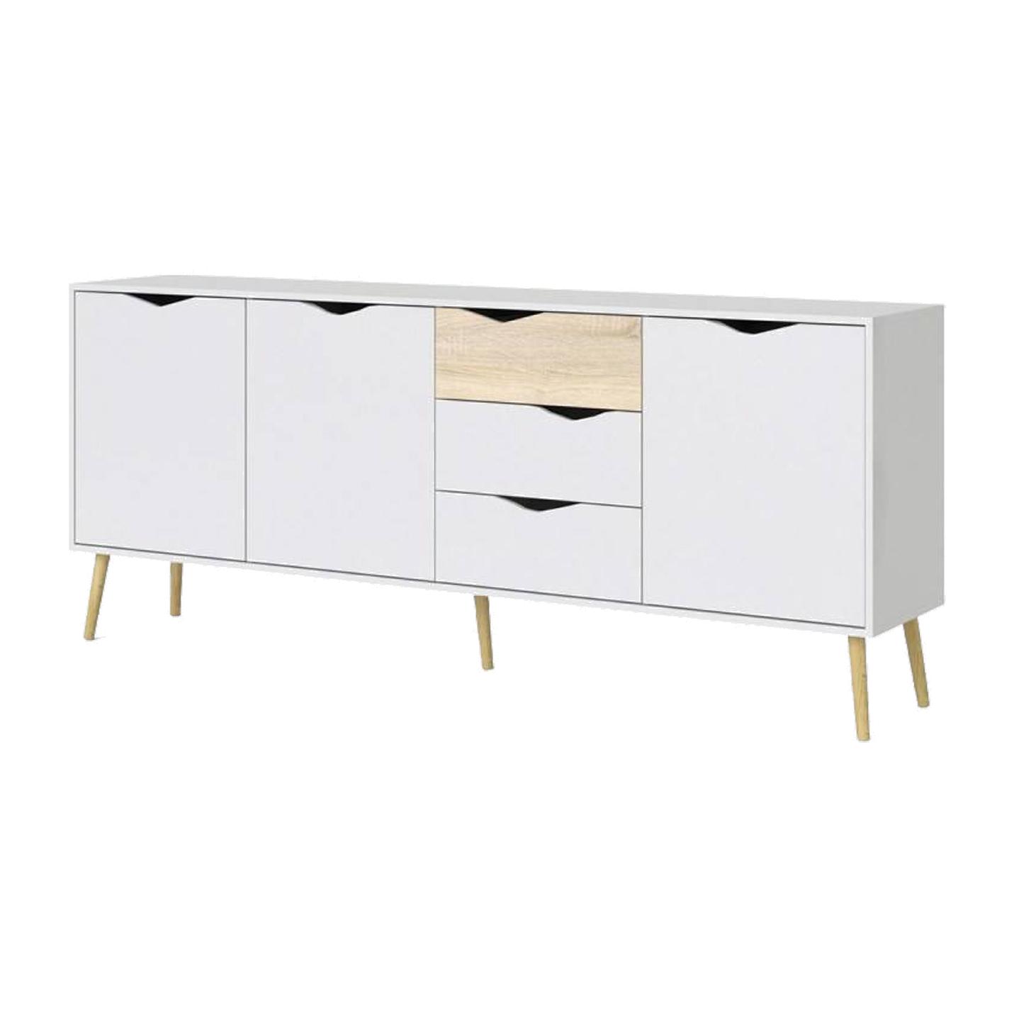 Credenza a tre a ante e tre cassetti, colore bianco e rovere, Misure 195 x 81 x 39 cm