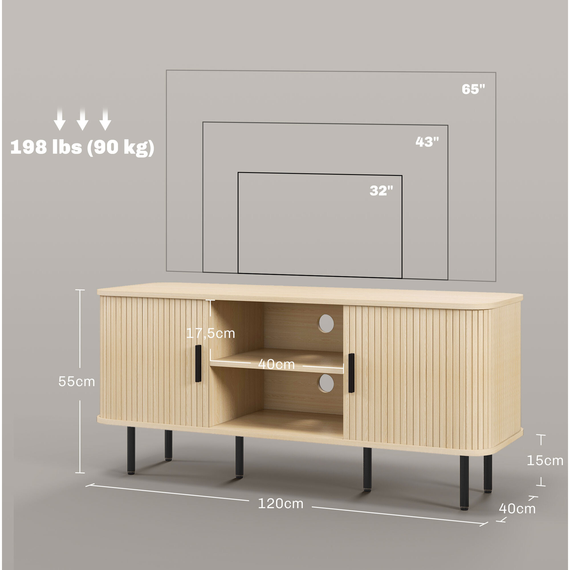 Mueble de TV Vintage Mesa de TV de Salón con 2 Puertas Correderas de Tambor 2 Estantes Abiertos Mueble para Televisores de 55 Pulgadas 120x40x55 cm Roble