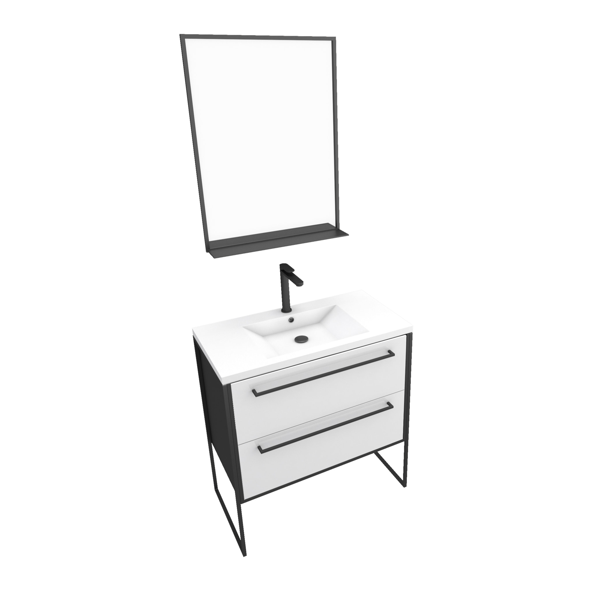 Pack meuble de salle de bain 80x50 cm - 2 tiroirs blanc - vasque blanche + miroir noir mat