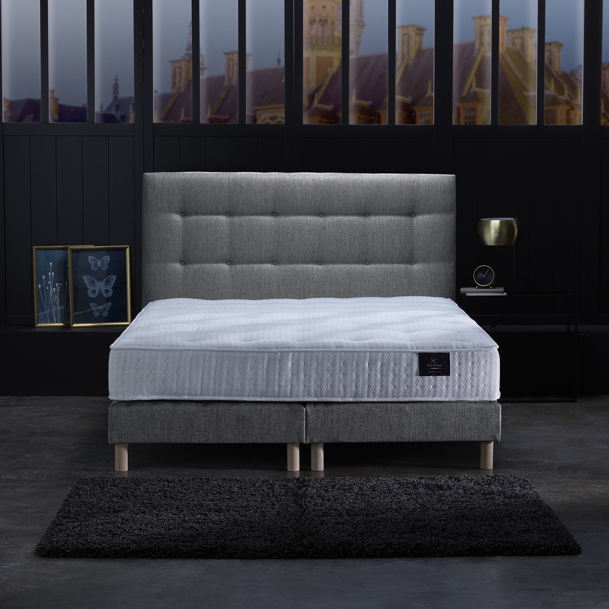 Sommier confort CRÉPUSCULE, durable avec tête de lit capitonnée gris souris