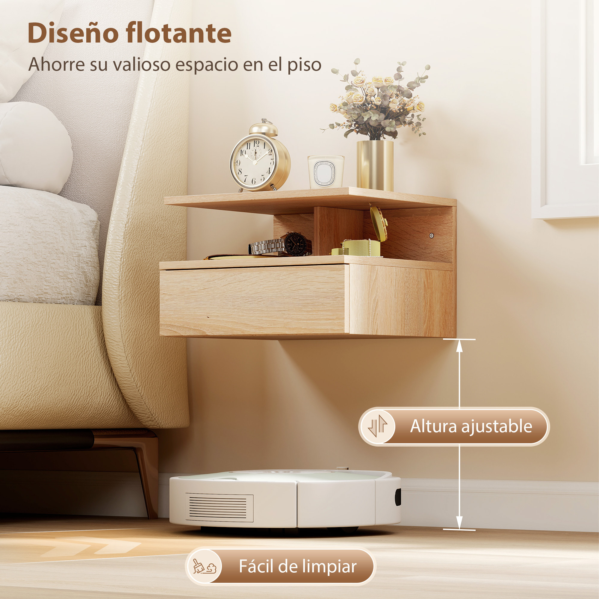 Juego de 2 Mesitas de Noche Flotantes con Cajón, Mesillas de Noche Dormitorio, Montado en la Pared, Estilo Moderno, para Sala de Estar, 35x32x22,5 cm, Roble