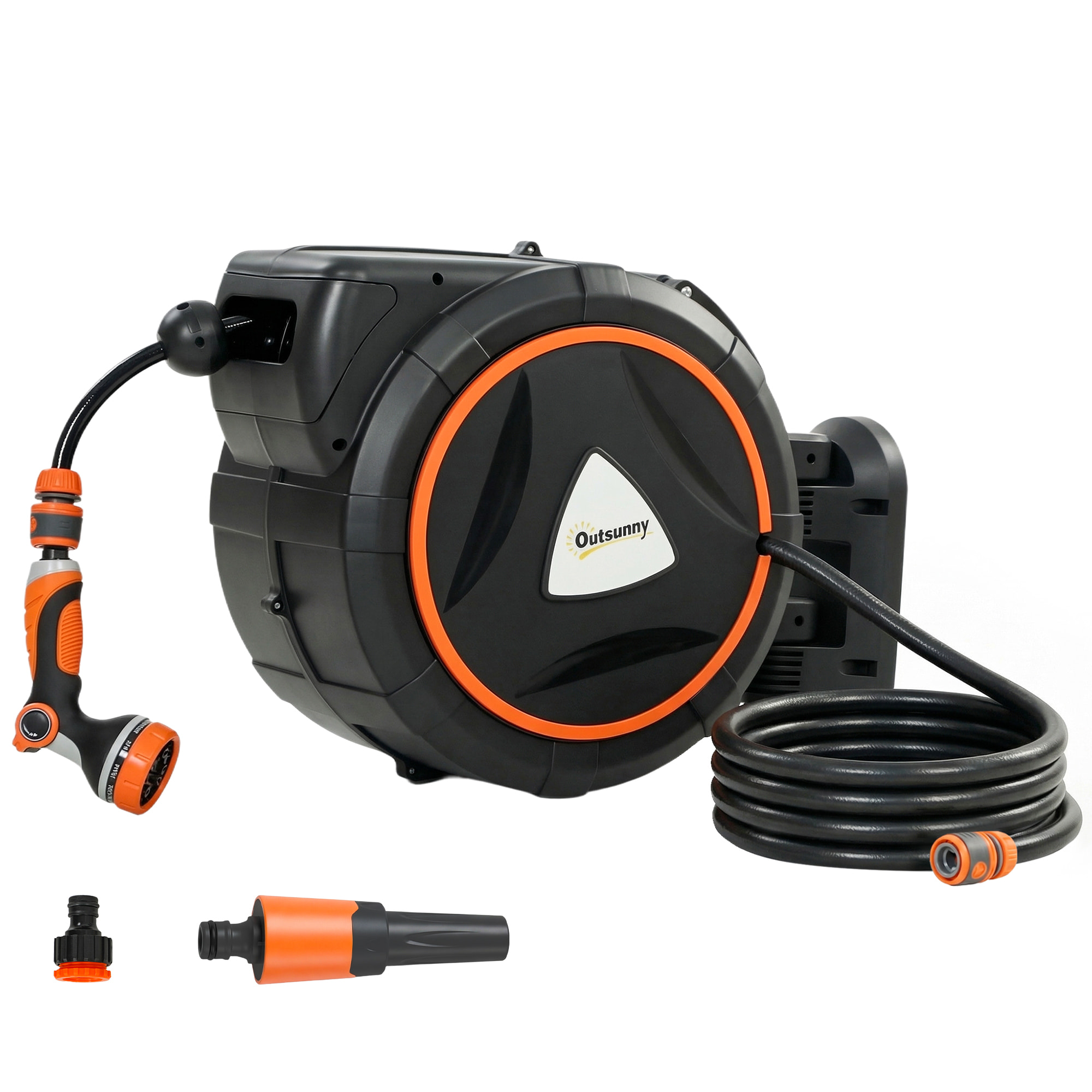 Enrollador de Manguera para Jardín 28+2 m con 12 Modos de Rociado, Carrete de Manguera de Jardín de Pared con Bloqueo Automático y Retracción Controlada, Soporte Orientable 180°, Naranja