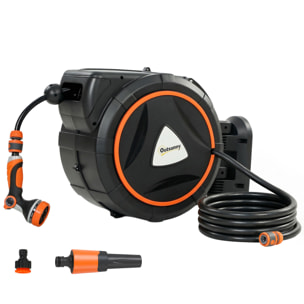Enrollador de Manguera para Jardín 28+2 m con 12 Modos de Rociado, Carrete de Manguera de Jardín de Pared con Bloqueo Automático y Retracción Controlada, Soporte Orientable 180°, Naranja