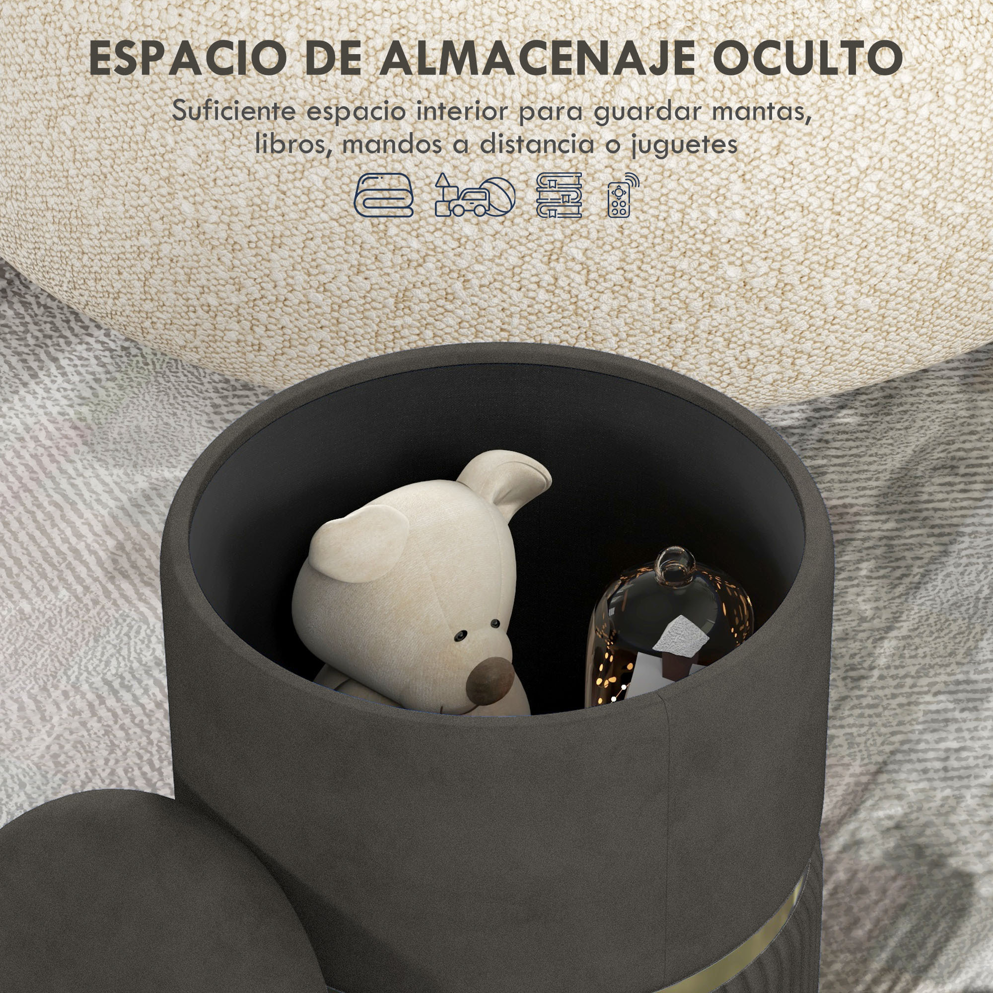 Baúl de Almacenaje para Dormitorio Puff Almacenaje Tapizado en Terciopelo Banco de Almacenaje con Patas Antideslizantes Ø36x44 cm Gris