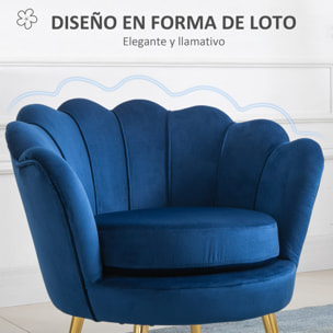 Butaca de Salón Tapizada en Terciopelo Sillón Butaca de Dormitorio con Respaldo en Forma de Concha y Patas Doradas para Comedor 76x67x74 cm Azul