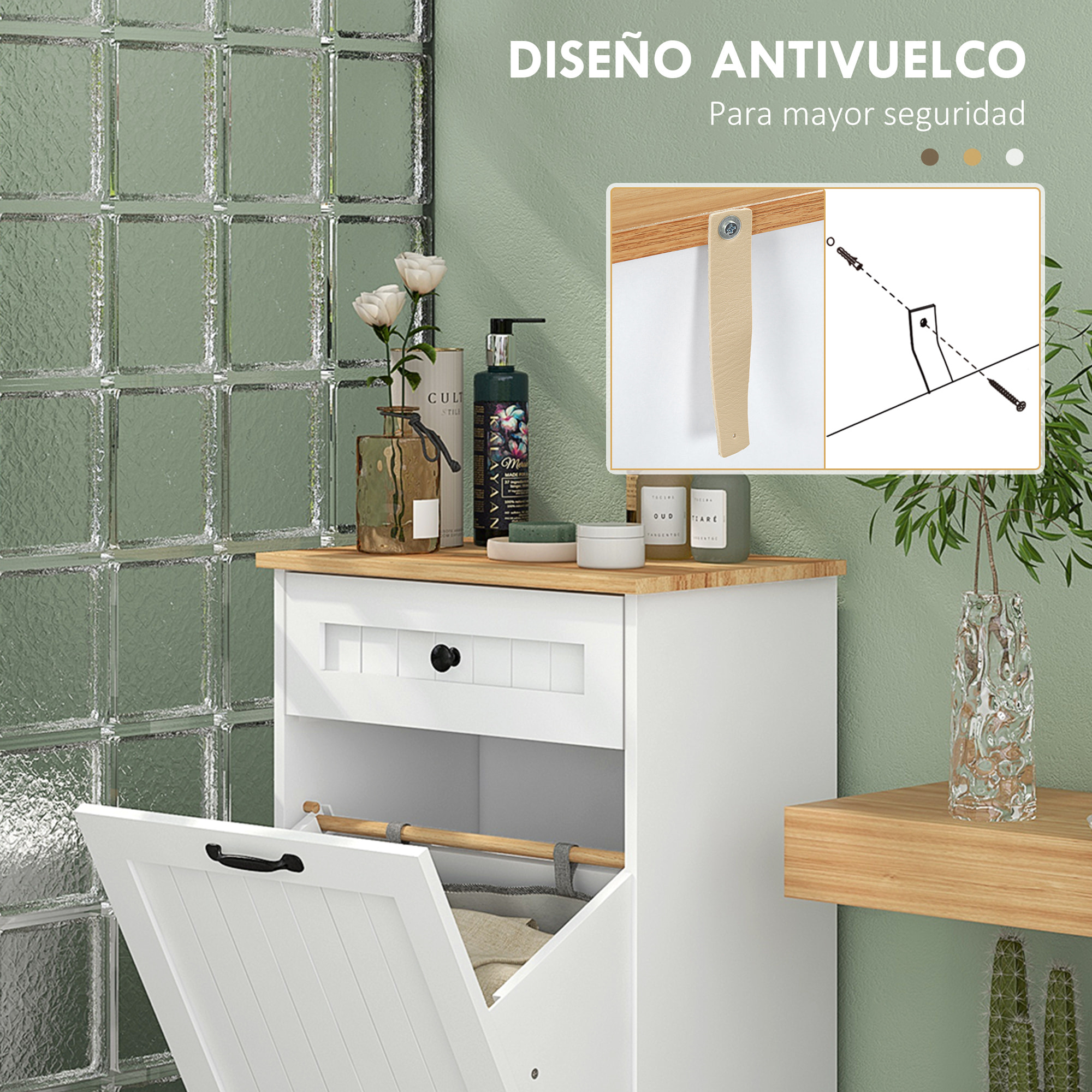 Mueble Auxiliar de Baño Armario de Baño con Cajón Cesto para la Ropa y Diseño Anti-vuelco Mueble de Baño Moderno 52x33x90 cm Blanco