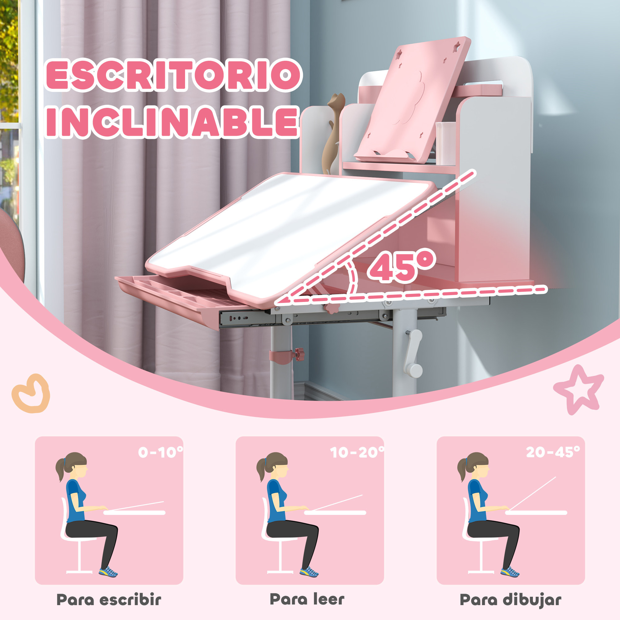 Juego de Escritorio y Silla para Niños de +3 Años, Pupitre Infantil Altura Ajustable con Tablero Inclinable, Cajón y Estantes, Respaldo Acolchado, para Libros, 80x55x107,5 cm, Rosa