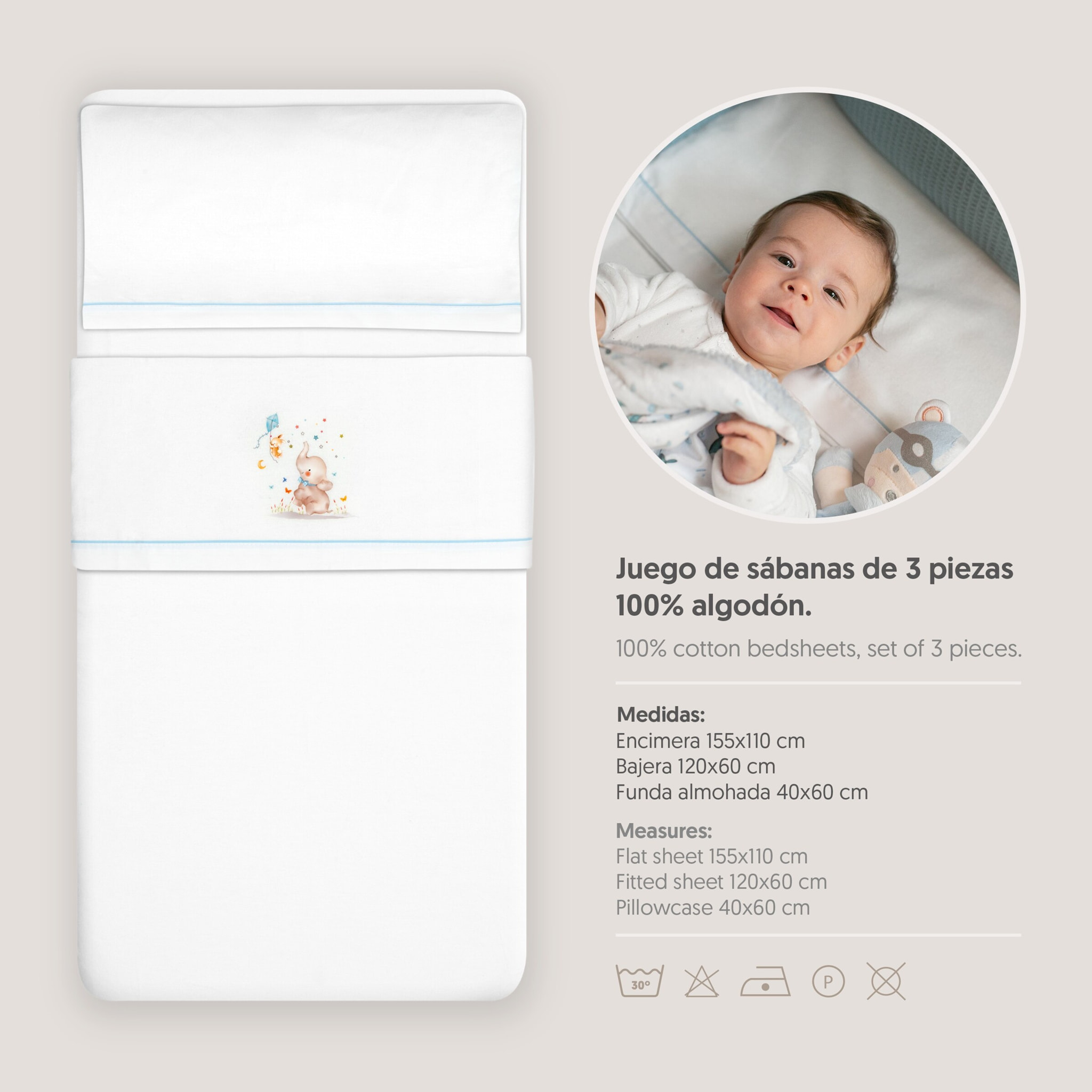 Juego de Sábanas de Cuna Franela  Mod Elefante