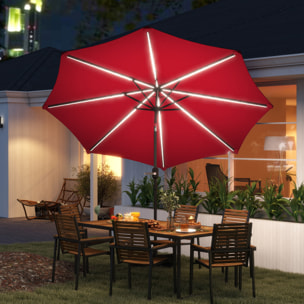 Sombrilla Terraza Exterior con Luces LED Solares Ø292x252 cm Sombrilla de Jardín con Inclinación Ajustable hasta 45° Impermeable y Manivela Parasol para Patio Piscina sin Base Burdeos