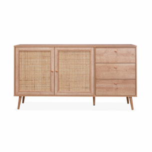 Buffet de rangement naturel en cannage 2 portes 3 tiroirs. buffet bas. L150 x l39 x H79cm - Bohème