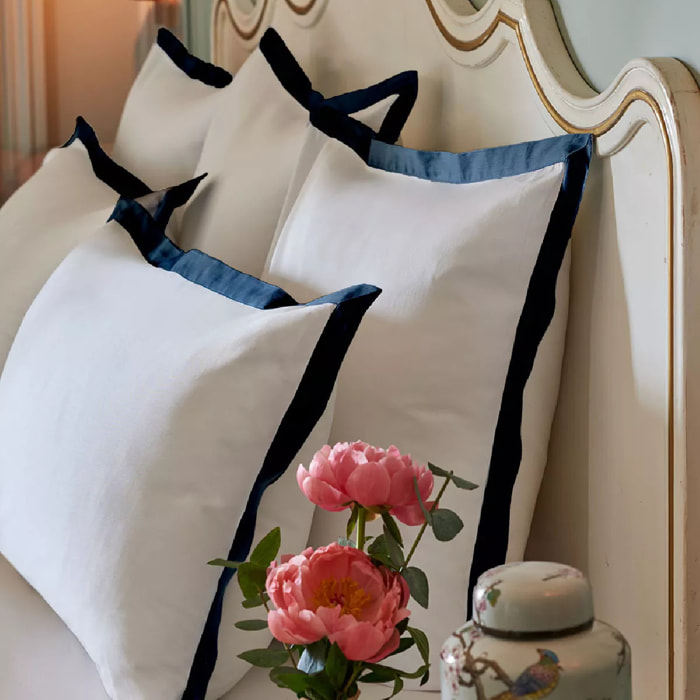 Lot de 2 taies satin de coton jeu d'unis blanc Suite heritage bleu