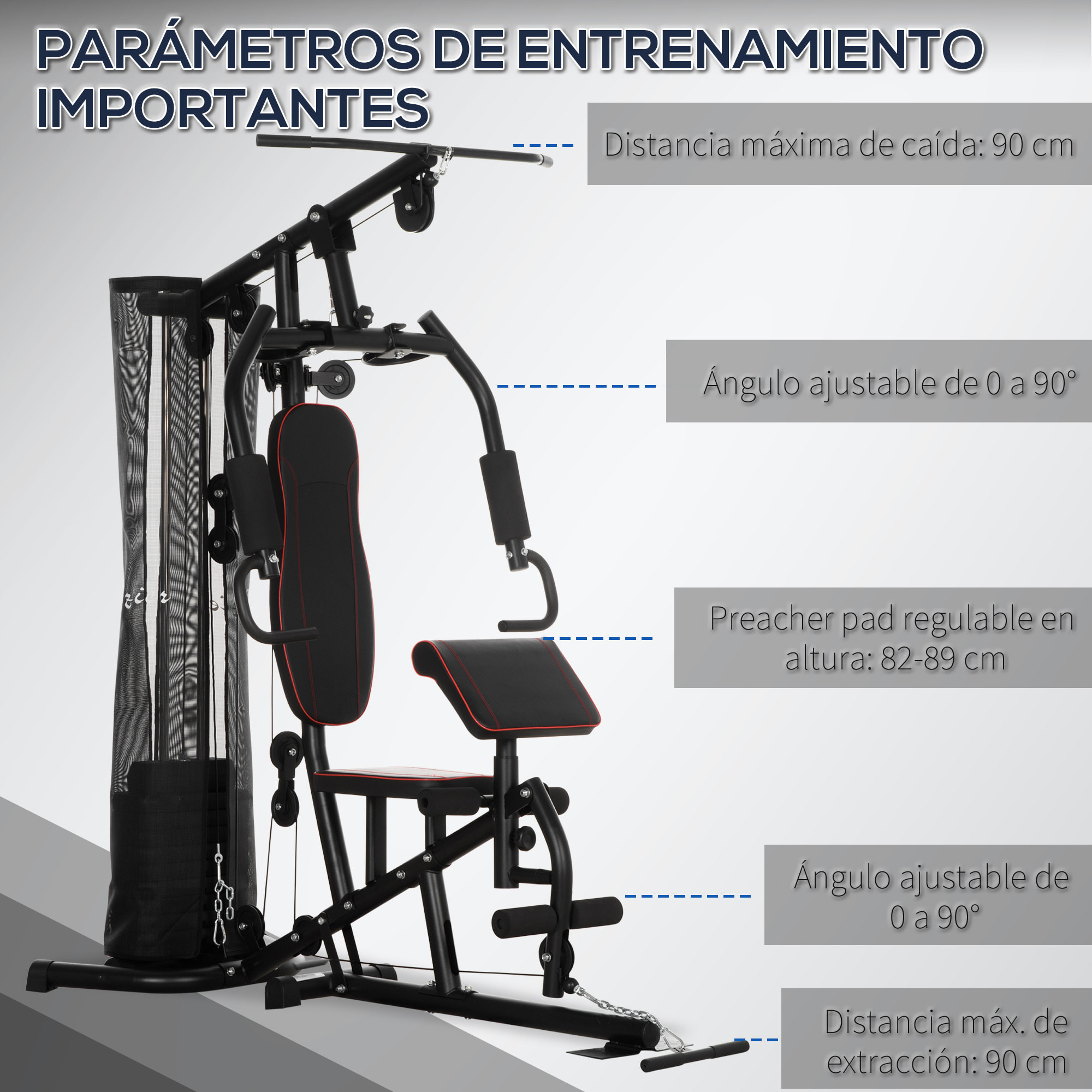Multiestación Musculación Máquina de Musculación con Prensa de Piernas y Pecho Placas de Peso de 45 kg y Polea Carga 150 kg para Entrenamiento Gimnasio en Casa Negro
