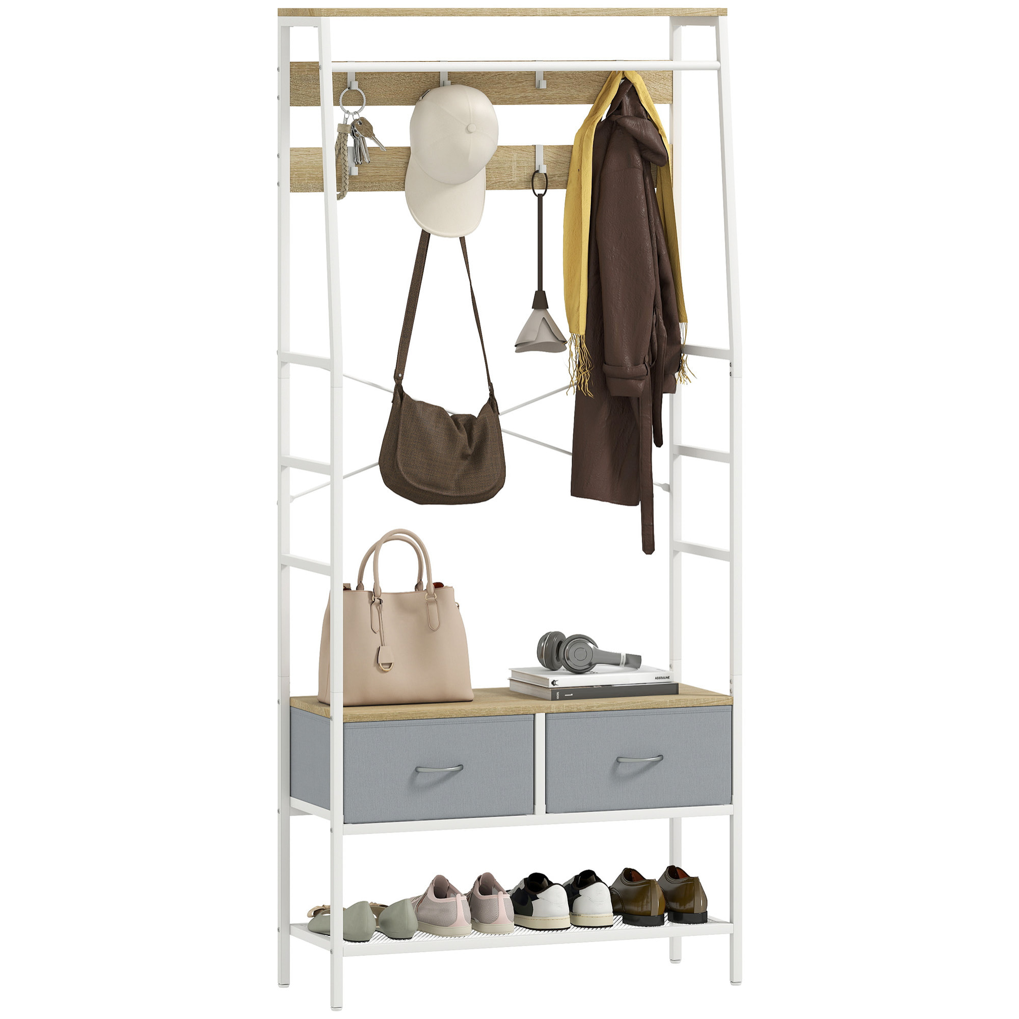 Perchero Zapatero Perchero Entrada Recibidor con Zapatero 8 Ganchos 2 Cajones de Tela Barra Estante de Malla Estilo Industrial para Pasillo Dormitorio Salón 80x30x180,5 cm Natural