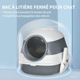 Maison de toilette pliable - bac à litière chat avec porte battante, pelle et filtre inclus - ABS PP blanc gris