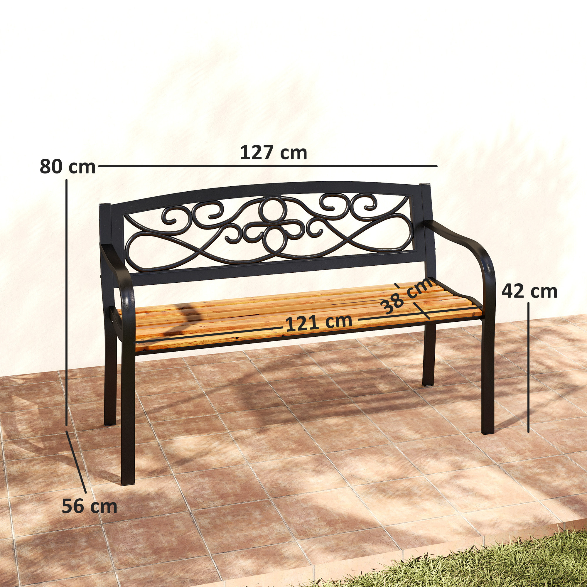 Banco de Jardín Exterior de 2 Plazas Banco de Exterior con Asiento de Madera y Marco de Acero para Patio Terraza 127x56x80 cm Negro y Natural